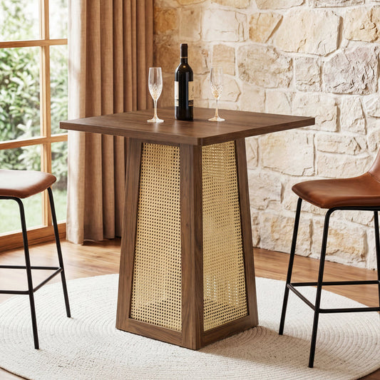 31.5-Inch Square Bar Table, Counter Height Pub Table with Rattan Pedestal Base for Home Bar Kitchen and Small Spaces