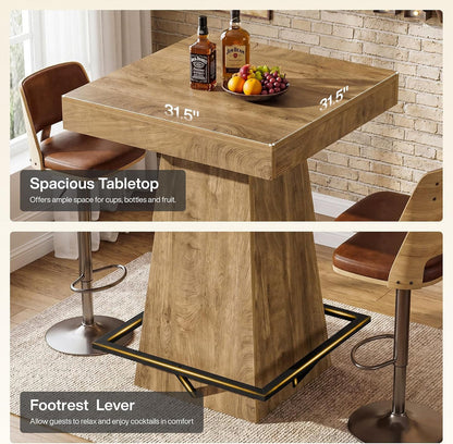 31.5-Inch Square Bar Table with 37.4-Inch Height and Metal Footrest for Dining Room and Bistro