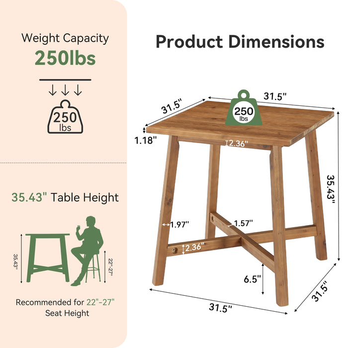 31.5-Inch Square Solid Wood Bar Table with Footrest, Farmhouse Counter Height Bistro Table
