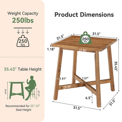 31.5-Inch Square Solid Wood Bar Table with Footrest, Farmhouse Counter Height Bistro Table