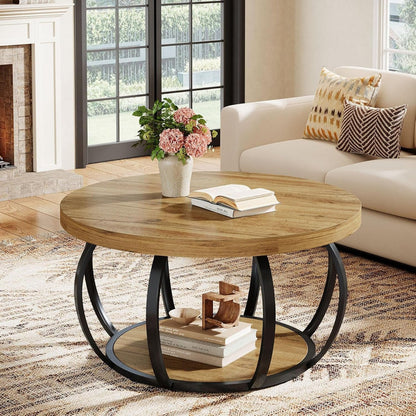 31.5" Round Coffee Table, Farmhouse Accent Center Table with 2-Tier Shelf#Color_Brown