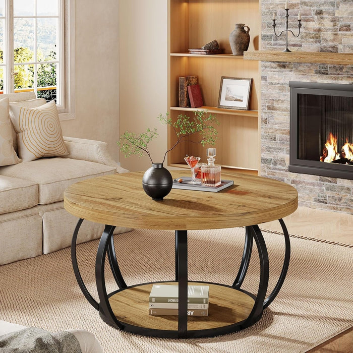 31.5" Round Coffee Table, Farmhouse Accent Center Table with 2-Tier Shelf#Color_Brown