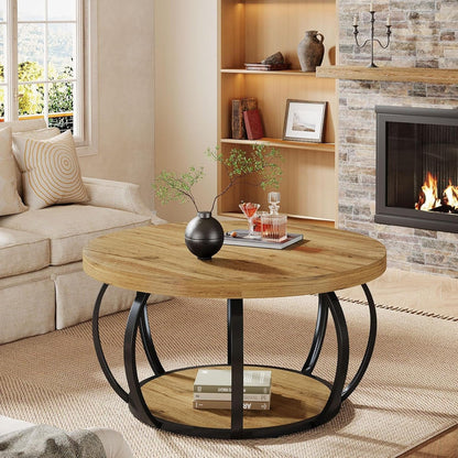 31.5" Round Coffee Table, Farmhouse Accent Center Table with 2-Tier Shelf#Color_Brown