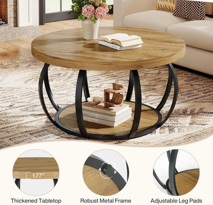 31.5" Round Coffee Table, Farmhouse Accent Center Table with 2-Tier Shelf#Color_Brown