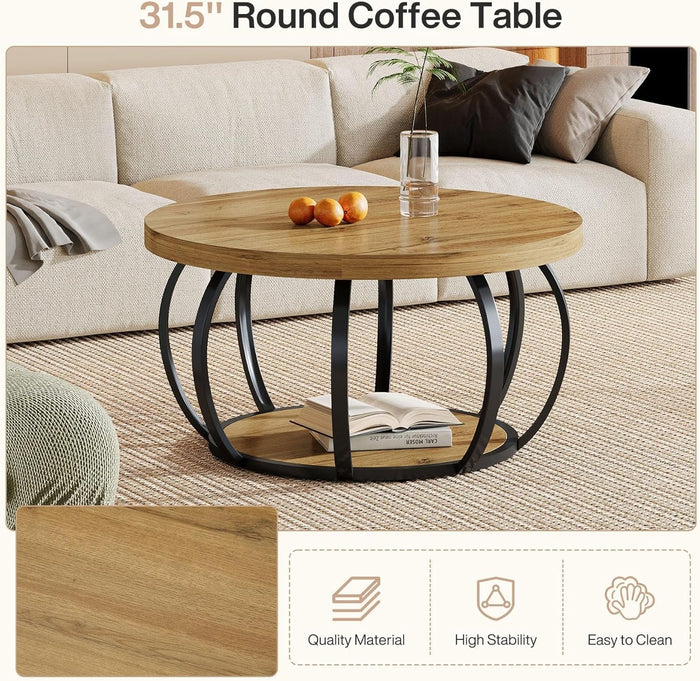 31.5" Round Coffee Table, Farmhouse Accent Center Table with 2-Tier Shelf#Color_Brown