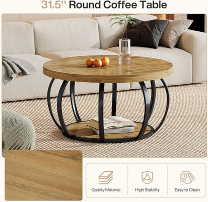 31.5" Round Coffee Table, Farmhouse Accent Center Table with 2-Tier Shelf#Color_Brown