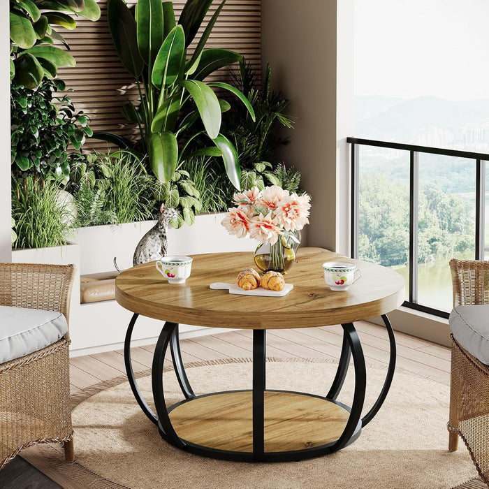 31.5" Round Coffee Table, Farmhouse Accent Center Table with 2-Tier Shelf#Color_Brown