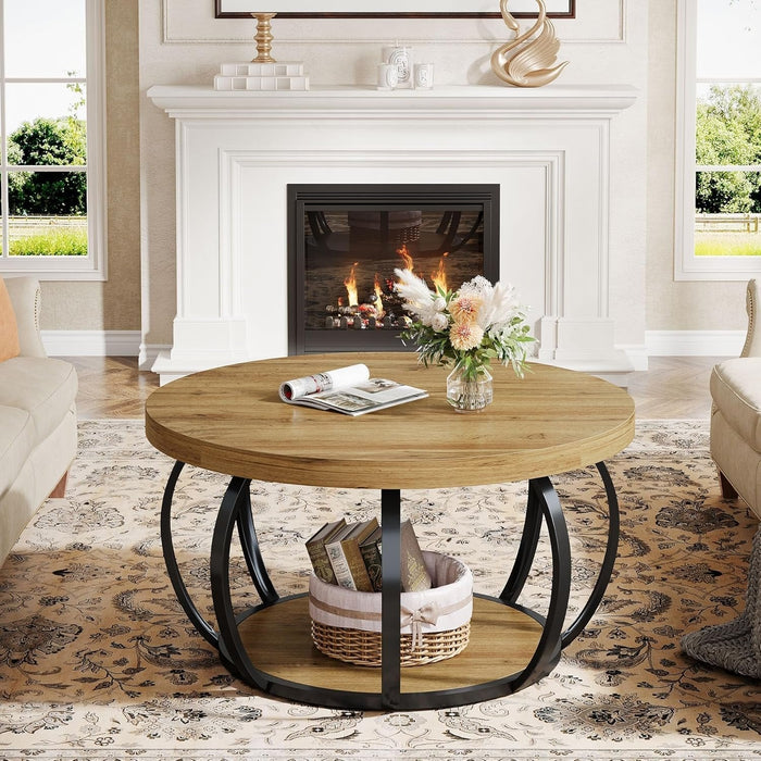 31.5" Round Coffee Table, Farmhouse Accent Center Table with 2-Tier Shelf#Color_Brown