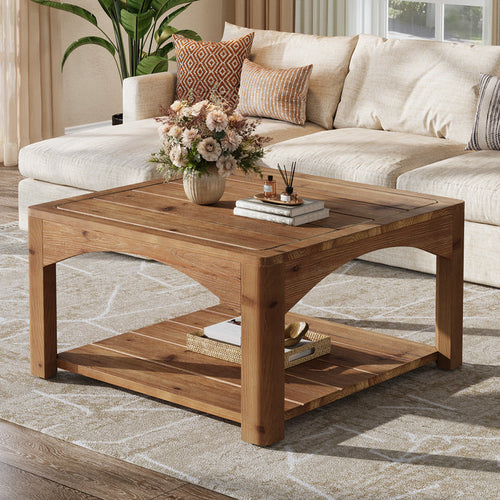 31.5" Square Solid Wood Coffee Table with 2-Tier Storage, Wooden Center Table for Living Room