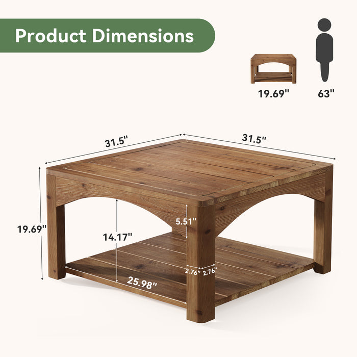 31.5" Square Solid Wood Coffee Table with 2-Tier Storage, Wooden Center Table for Living Room