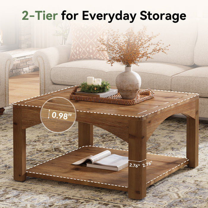31.5" Square Solid Wood Coffee Table with 2-Tier Storage, Wooden Center Table for Living Room