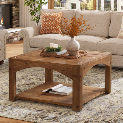 31.5" Square Solid Wood Coffee Table with 2-Tier Storage, Wooden Center Table for Living Room