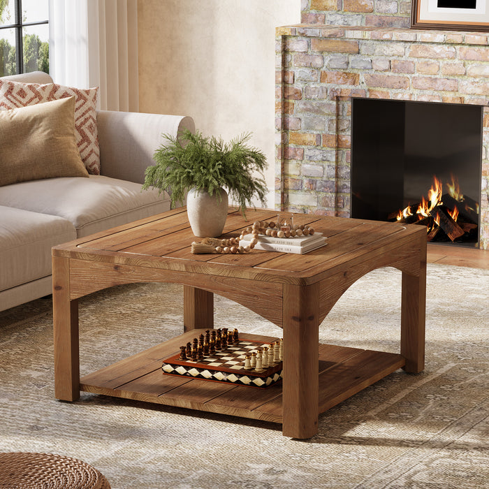 31.5" Square Solid Wood Coffee Table with 2-Tier Storage, Wooden Center Table for Living Room