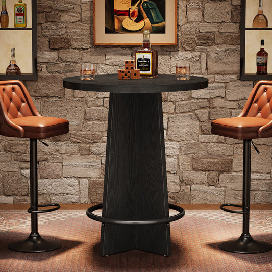 37.4-Inch Round Bar Table with Wooden Cross Base, Compact Pub Table with Ring Footrest