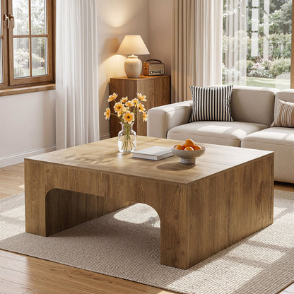 39 Inch Square Coffee Table, Farmhouse Wooden Center Table with Curved Design for Living Room