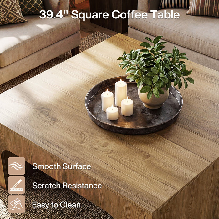 39 Inch Square Coffee Table, Farmhouse Wooden Center Table with Curved Design for Living Room