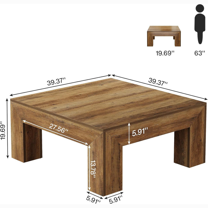 39" Square Rustic Farmhouse Coffee Table | MDF Top with Sturdy Wood Legs, Easy Assembly Cocktail Table in Brown