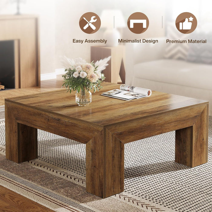 39" Square Rustic Farmhouse Coffee Table | MDF Top with Sturdy Wood Legs, Easy Assembly Cocktail Table in Brown