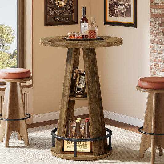 39.4-Inch Round Bar Table, High Top Industrial Bistro Table with Storage and Metal Footrest