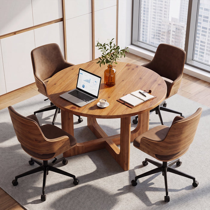 39.4-Inch Round Solid Wood Conference Table with Cross Base, Meeting Table for Office