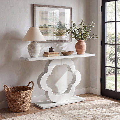 39.4-Inch White High-Gloss Console Table with Flower Cutout Base, Narrow Entryway Table for Living Room and Hallway