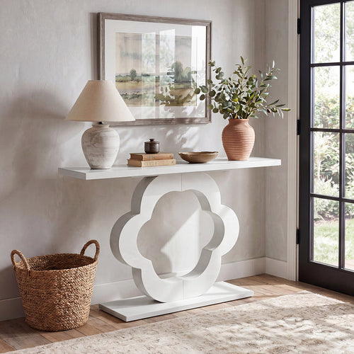 39.4-Inch White High-Gloss Console Table with Flower Cutout Base, Narrow Entryway Table for Living Room and Hallway