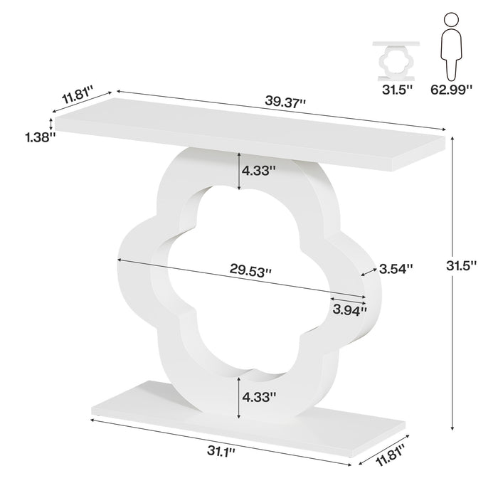 39.4-Inch White High-Gloss Console Table with Flower Cutout Base, Narrow Entryway Table for Living Room and Hallway