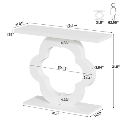 39.4-Inch White High-Gloss Console Table with Flower Cutout Base, Narrow Entryway Table for Living Room and Hallway
