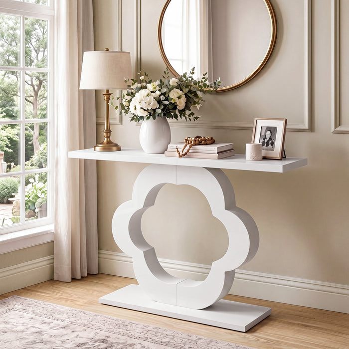 39.4-Inch White High-Gloss Console Table with Flower Cutout Base, Narrow Entryway Table for Living Room and Hallway