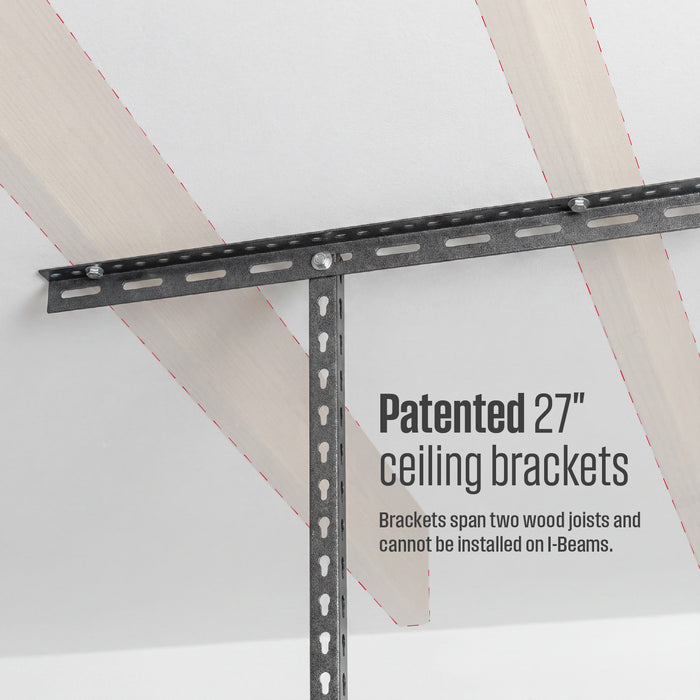 Textured grey metal ceiling brackets shown mounted against a white ceiling with wood joists, with text reading 'Patented 27" ceiling brackets, brackets span two wood joists and cannot be installed on I-Beams'