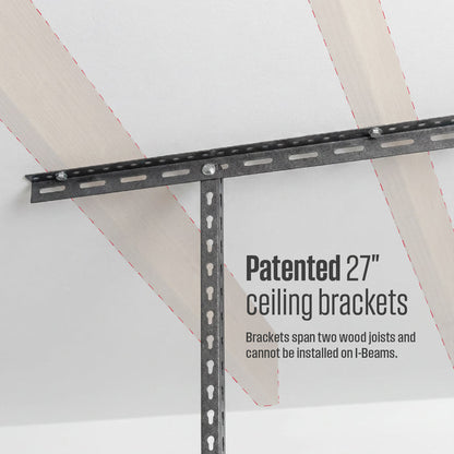 Textured grey metal ceiling brackets shown mounted against a white ceiling with wood joists, with text reading 'Patented 27" ceiling brackets, brackets span two wood joists and cannot be installed on I-Beams'