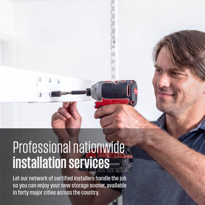 A SafeRacks installer installs a white overhead rack. Text overlay reads 'Professional nationwide installation services, let our network of certified installers handle the job so you can enjoy your new storage sooner, available in forty major cities across the country'