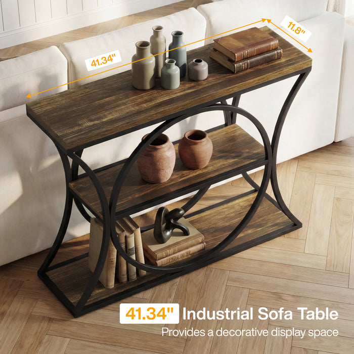 43.34" Industrial Console Table with 3-Tier Storage, Sofa Table for Living Room Hallway Behind Couch