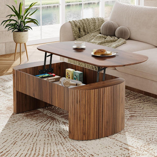 47-Inch Oval Lift Top Coffee Table, Rustic Brown with Storage Shelf and Hidden Compartment