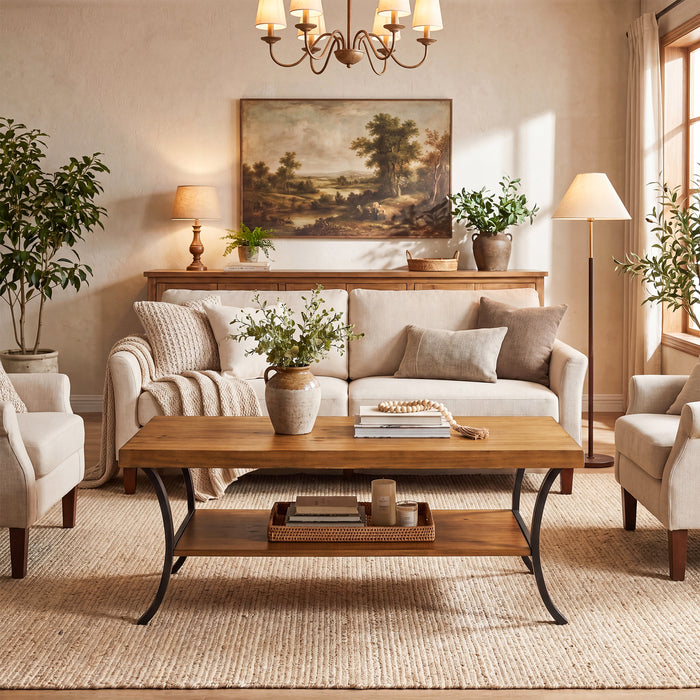 47 Inch Solid Wood Coffee Table, 2-Tier Farmhouse Center Table with Storage Shelf and Curved Metal Legs