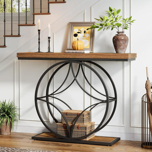 47" Industrial Console Table - 2-Tier Sofa Table with Geometric Metal Frame & Storage, Rustic Brown
