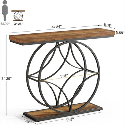 47" Industrial Console Table - 2-Tier Sofa Table with Geometric Metal Frame & Storage, Rustic Brown