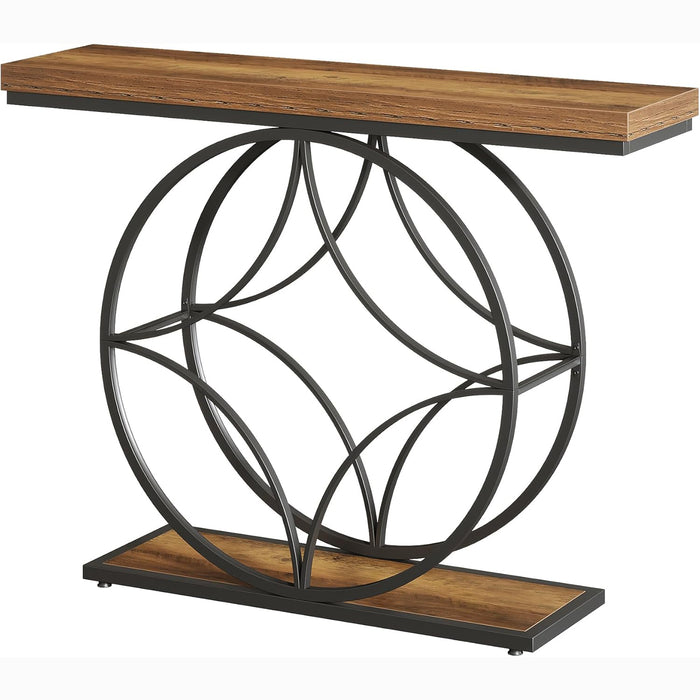 47" Industrial Console Table - 2-Tier Sofa Table with Geometric Metal Frame & Storage, Rustic Brown