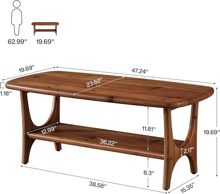 47.24" Mid-Century Modern Solid Wood Coffee Table, Two-Tier Rectangle Center Table