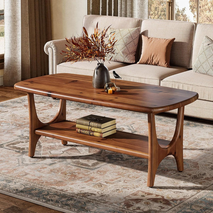 47.24" Mid-Century Modern Solid Wood Coffee Table, Two-Tier Rectangle Center Table
