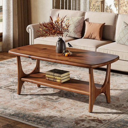 47.24" Mid-Century Modern Solid Wood Coffee Table, Two-Tier Rectangle Center Table