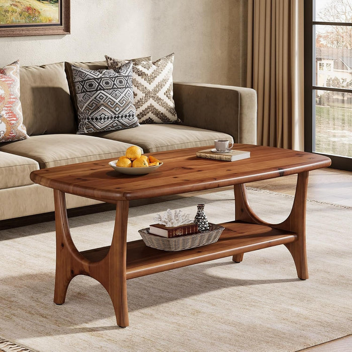47.24" Mid-Century Modern Solid Wood Coffee Table, Two-Tier Rectangle Center Table