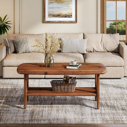 47.24" Mid-Century Modern Solid Wood Coffee Table, Two-Tier Rectangle Center Table