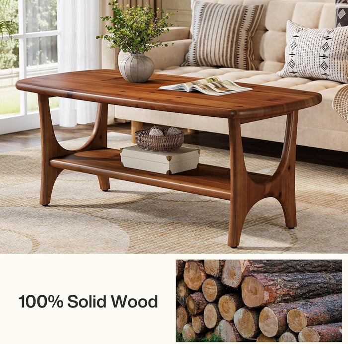 47.24" Mid-Century Modern Solid Wood Coffee Table, Two-Tier Rectangle Center Table