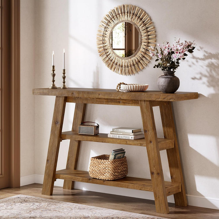 47.24" Solid Wood  Farmhouse Console Table, 3-Tier Shelf Entryway Table for Hallway & Living Room