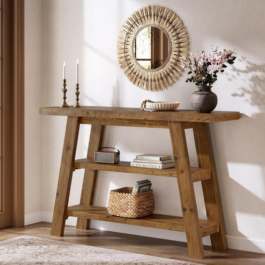 47.24" Solid Wood  Farmhouse Console Table, 3-Tier Shelf Entryway Table for Hallway & Living Room