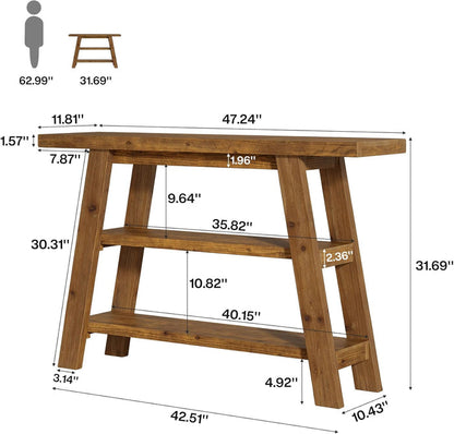 47.24" Solid Wood  Farmhouse Console Table, 3-Tier Shelf Entryway Table for Hallway & Living Room