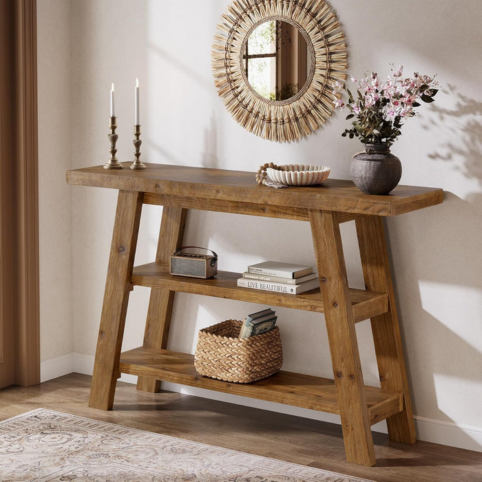 47.24" Solid Wood  Farmhouse Console Table, 3-Tier Shelf Entryway Table for Hallway & Living Room