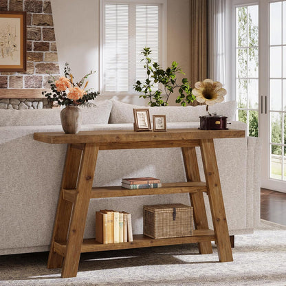 47.24" Solid Wood  Farmhouse Console Table, 3-Tier Shelf Entryway Table for Hallway & Living Room