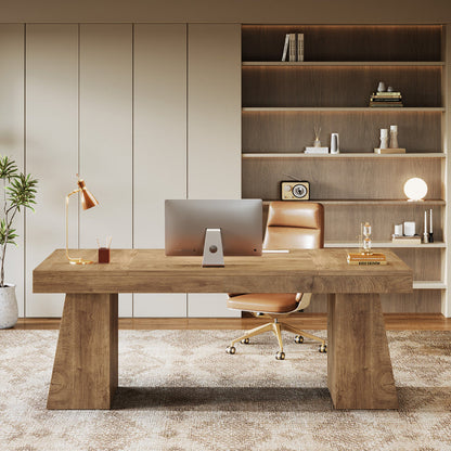 55-Inch Executive Desk, Large Wood Office Computer Desk with Double Pedestal#Colour_Light Brown